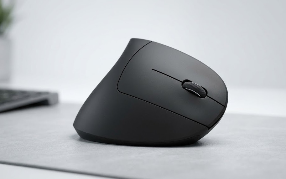 Anker wireless vertical ergonomic mouse in matte black resting on a light grey desk mat.