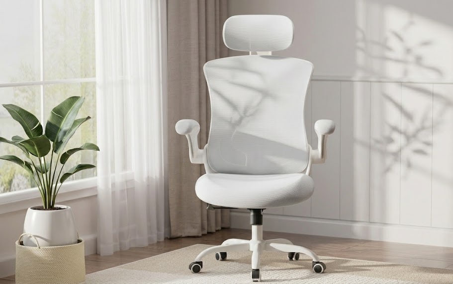 COLAMY ergonomic office chair white with adjustable headrest and flip-up armrests in a bright home office