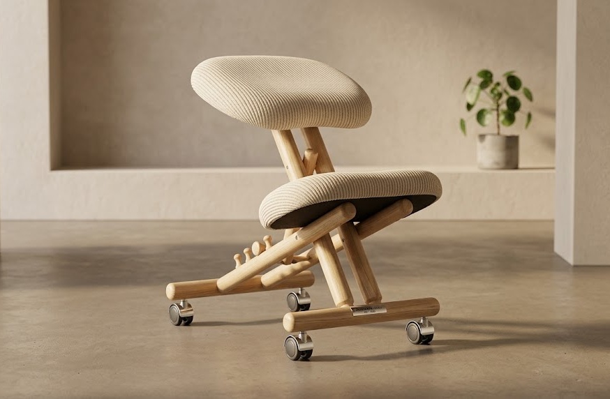 Cinius professional kneeling chair with solid wood frame and corduroy cushioning on concrete floor