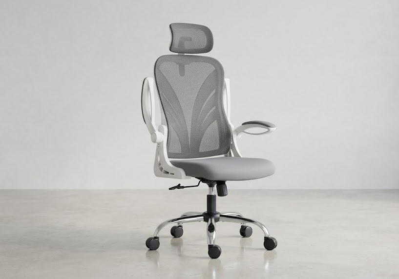 HOLLUDLE ergonomic chair foldable white with flip-up armrests and adjustable headrest on chrome base