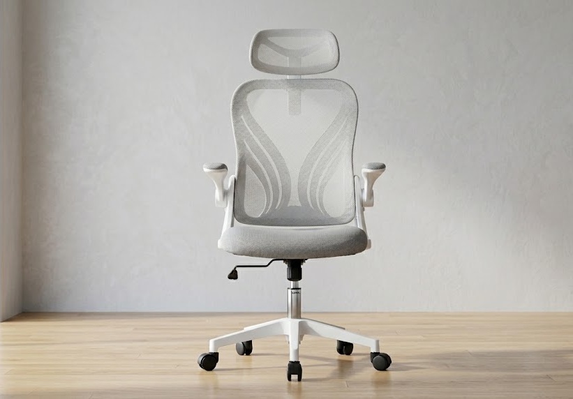 HOMCOM high back foldable ergonomic office chair light grey with 2D headrest and flip-up armrests on white base