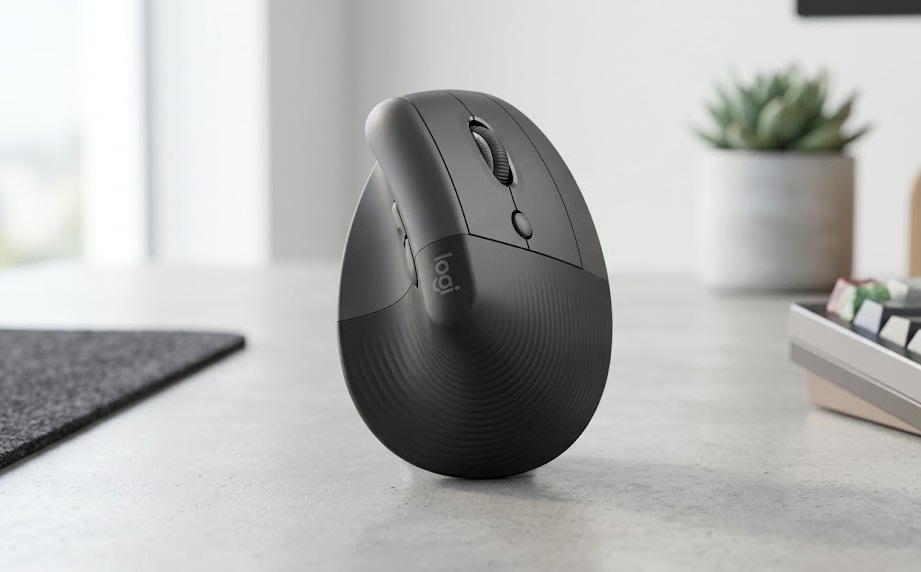 Logitech Lift vertical ergonomic wireless mouse in graphite grey resting on a modern office desk.