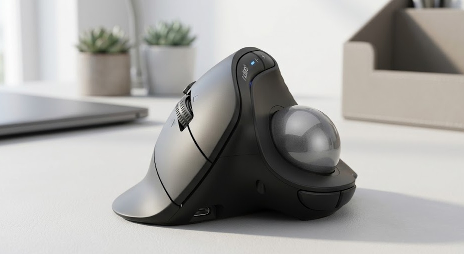 Nulea M514 wireless vertical trackball mouse with a glossy grey thumb-control trackball on a clean white desk.