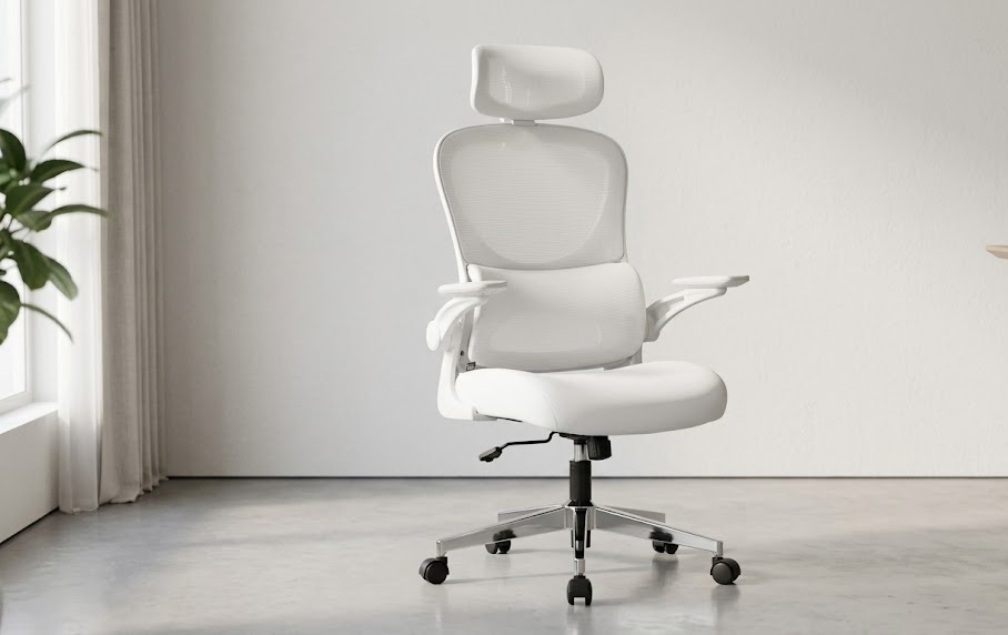 Nyxi ergonomic office chair white model 782 with silver metal base and foldable 3D armrests