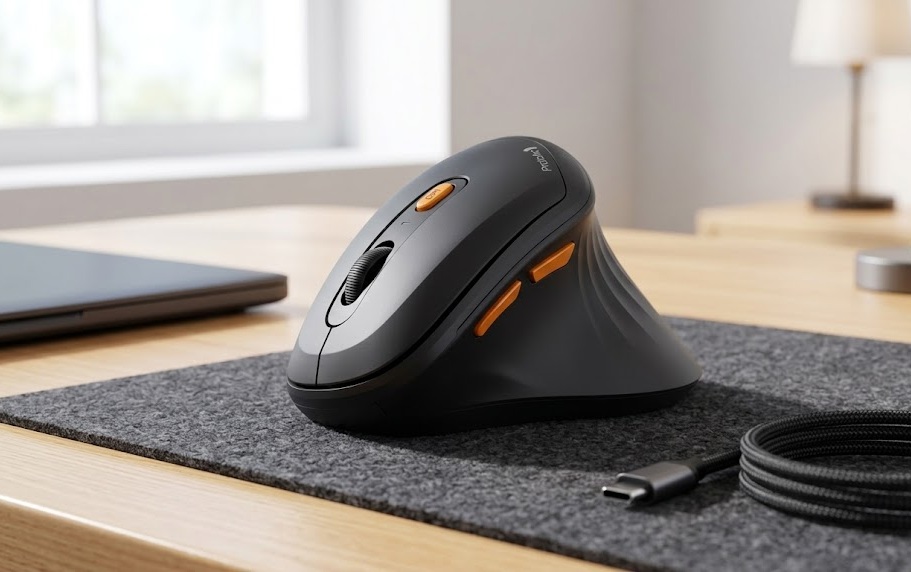 ProtoArc EM11 NL mini vertical ergonomic mouse in black with vibrant orange buttons on a grey felt desk pad.