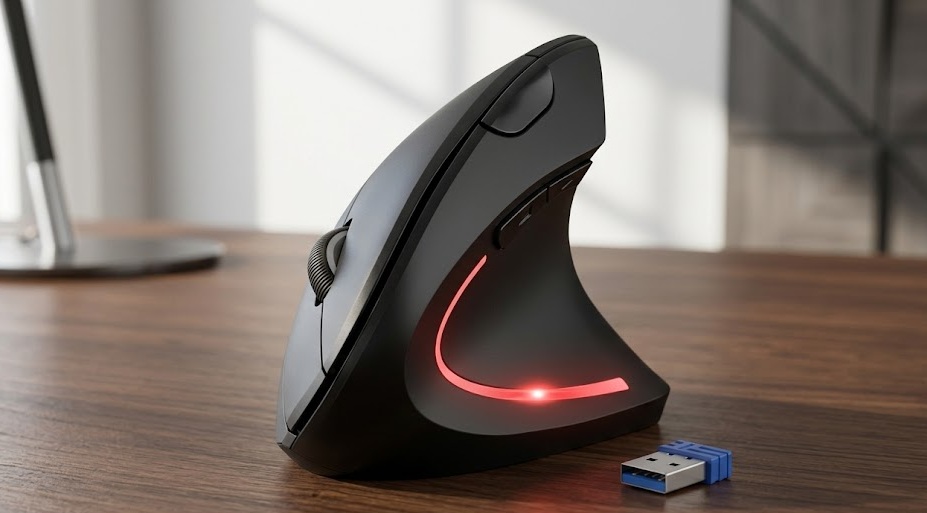 TECKNET wireless vertical ergonomic mouse with a glowing red LED light strip next to its USB receiver on a wooden desk.