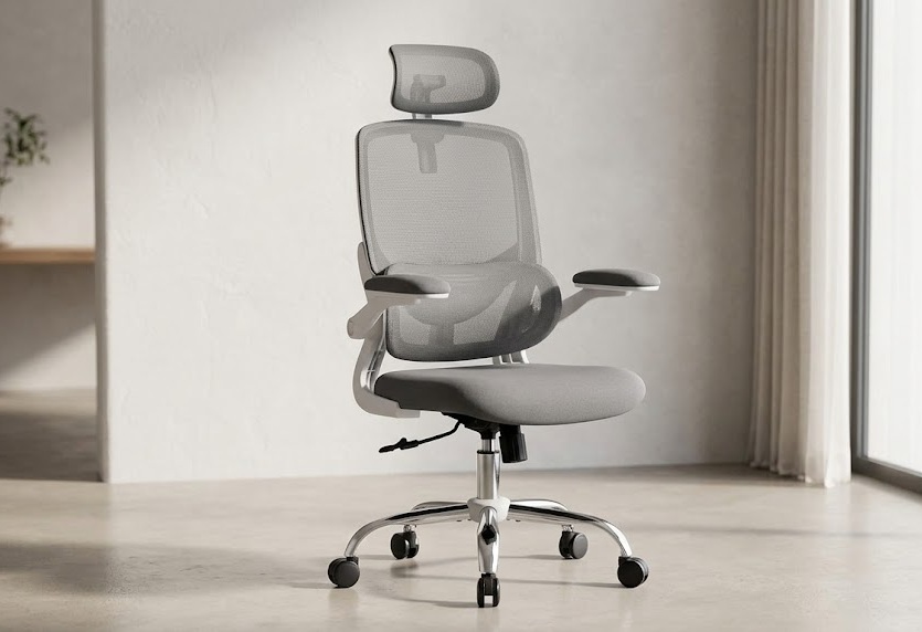 TONFARY high back mesh ergonomic office chair in white and grey with flip-up armrests and removable headrest