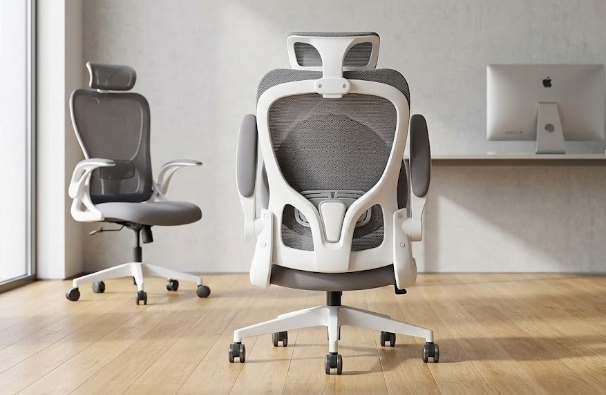 Tervo Model U foldable ergonomic office chair light grey with mesh back and flip-up armrests in modern home office