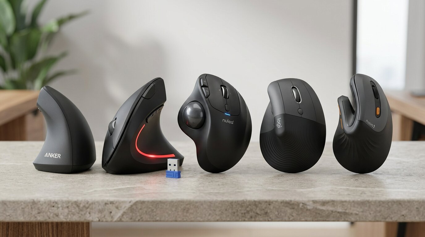 A selection of five top-rated vertical and trackball ergonomic mice lined up on a modern workspace counter.