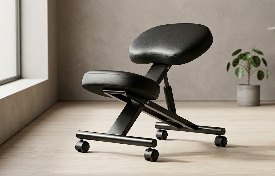 Yaheetech ergonomic kneeling chair with black faux leather cushions and brake casters on light wood floor