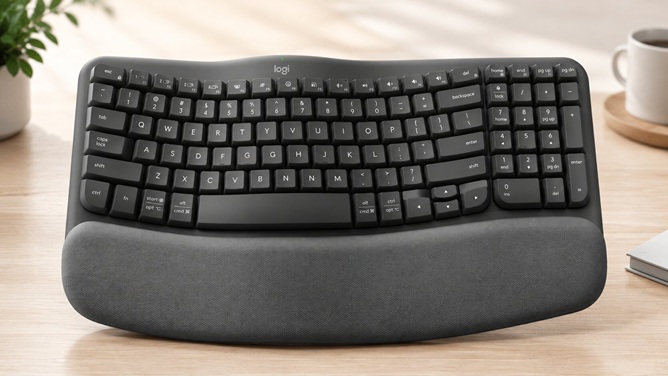 Logitech Wave Keys wireless ergonomic keyboard with wave-curved keys and cushioned palm rest
