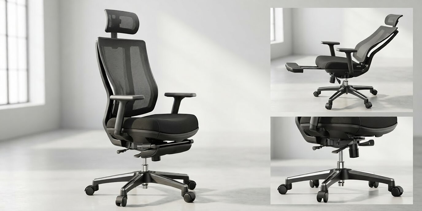 Odinlake L2 Ergo Pro 633 ergonomic office chair with footrest in a modern, bright office studio setting.