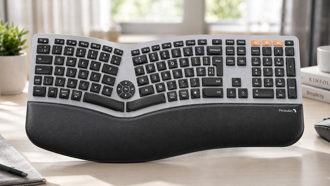 ProtoArc EK01 Plus split keyboard for big hands with curved ergonomic keyframe and cushioned wrist rest