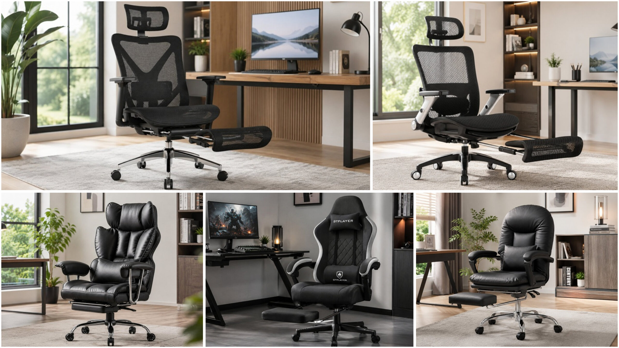 A collage comparing five different mesh, leather, and fabric ergonomic office chairs with built-in retractable footrests.