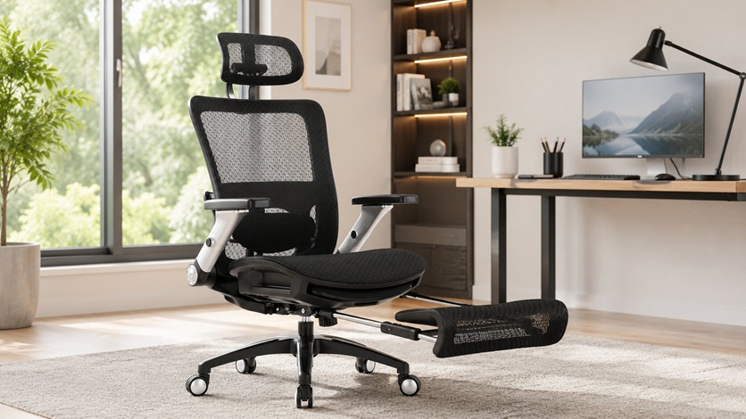 COLAMY high-back mesh office chair with an extended leg rest and chrome base, positioned in front of a wooden computer desk.