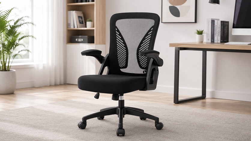 Compact budget posture chair with a grey mesh backrest and space-saving flip-up armrests resting on a home office rug.
