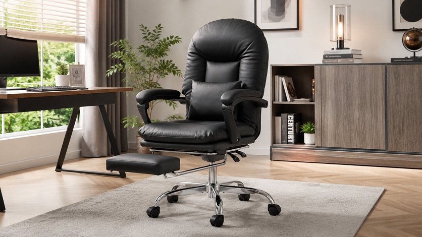 EMIAH reclining black leather home office chair with an extended padded footrest in a contemporary workspace.