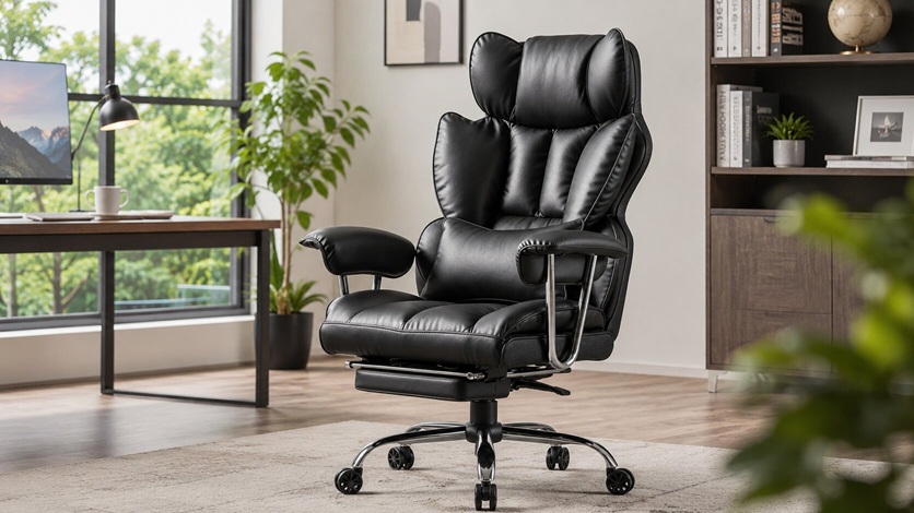 Efomao big and tall black leather executive office chair featuring thick double-layer padding and a matching lumbar support pillow.