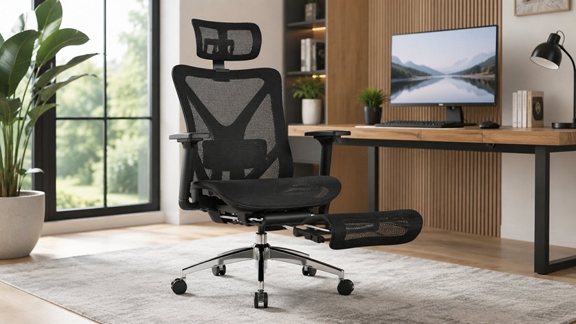 GABRYLLY black mesh ergonomic office chair with an extended retractable footrest in a bright, modern home office setup.
