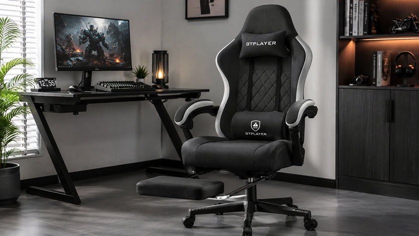GTPLAYER black fabric gaming chair with an extended retractable footrest in a dark-themed PC gaming setup.