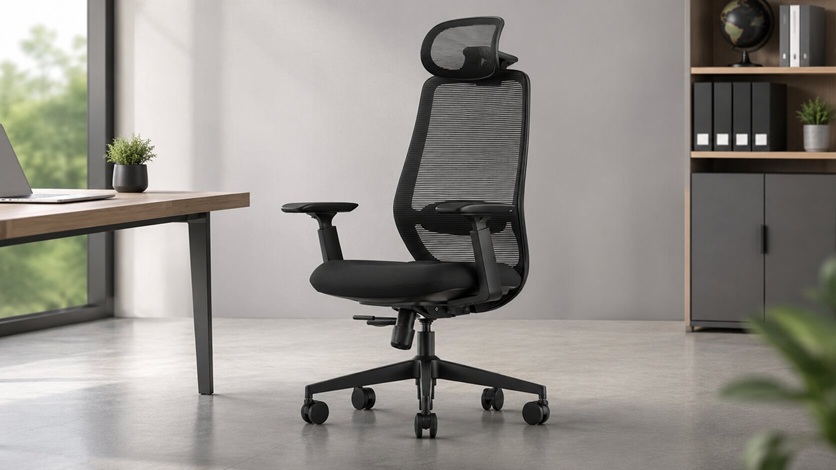 Black ergonomic mesh office chair in a modern workspace featuring an adjustable headrest and high-density seat cushion.