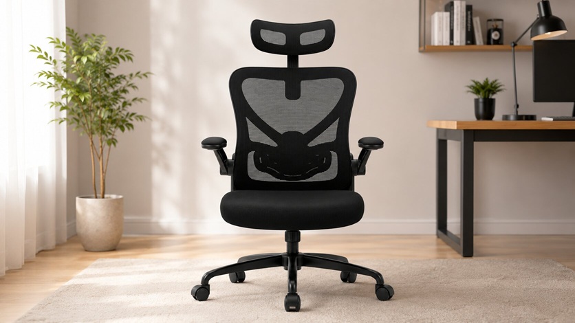 Front profile of a supportive ergonomic mesh office chair showing the contoured seat pan and wide shoulder alignment.