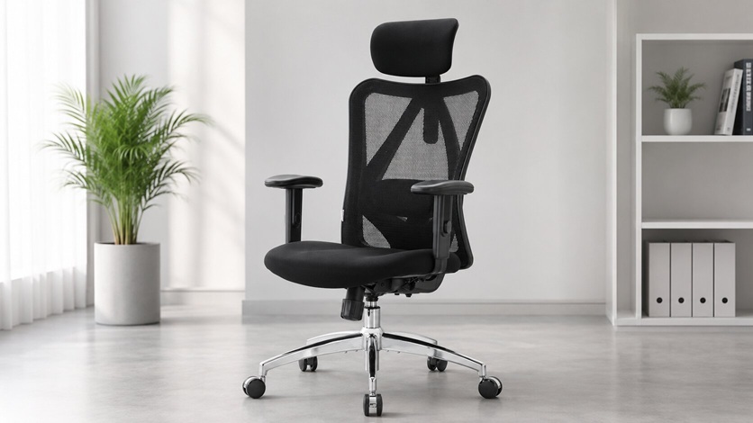 Ergo mesh office chair with a polished metal base and adjustable armrests positioned in a bright, minimalist home office.