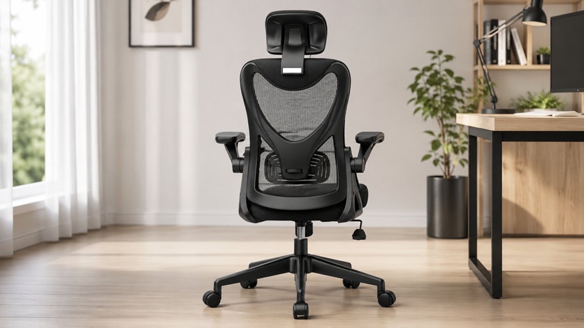 Rear view of a breathable desk chair highlighting the adjustable lumbar support mechanism and rigid backrest frame.