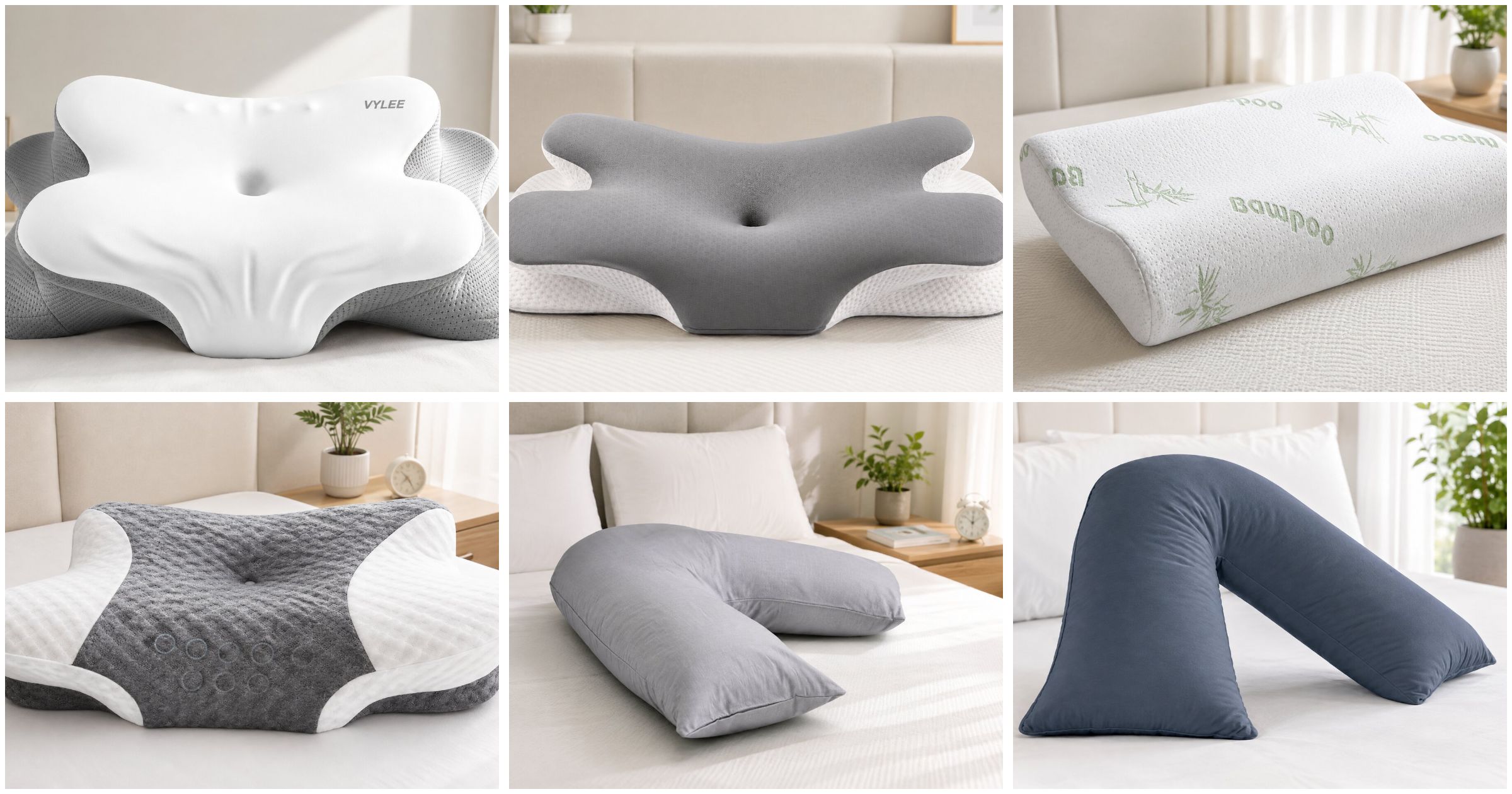 Best ergonomic pillow UK 2026 lineup: six memory foam and V-shaped cervical support pillows compared side by side