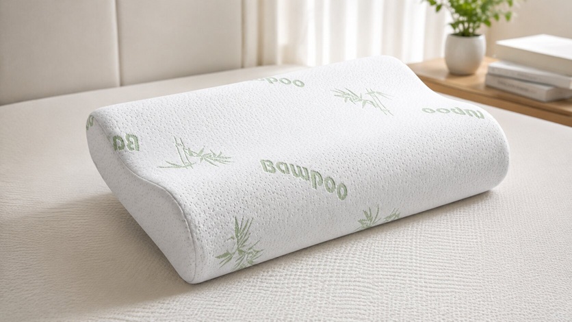 Ecosafeter memory foam neck pillow with wave contour and breathable bamboo-print cover