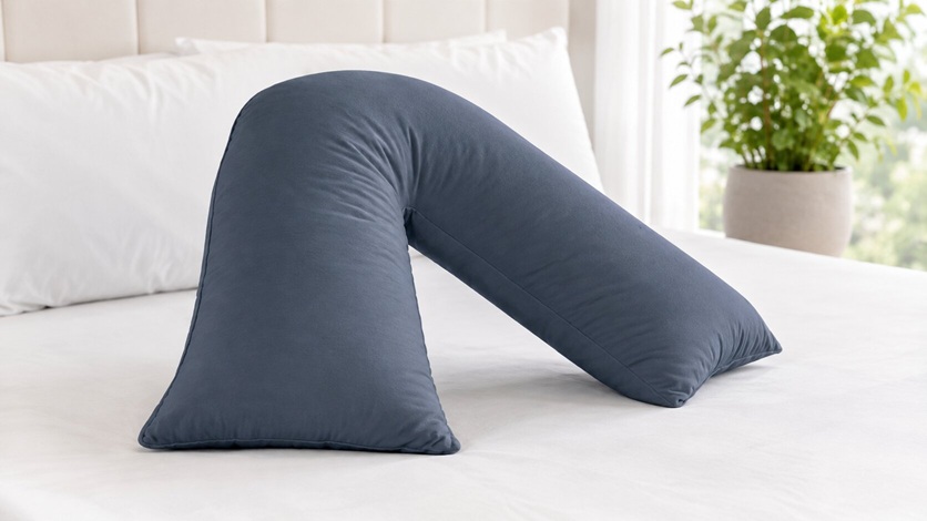 Rohi orthopaedic V-shaped pillow with navy cotton pillowcase for neck and back support
