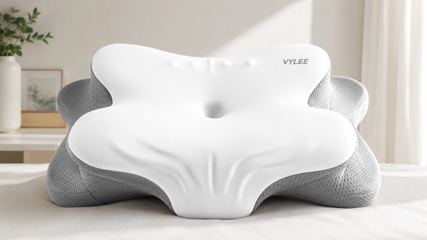 VYLEE memory foam ergonomic pillow with contoured cervical support and cooling mesh sides