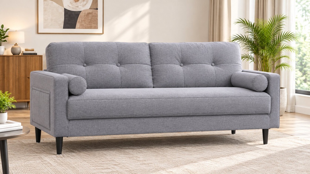 Aotumm Ciort light grey linen 2-seater sofa with tufted backrest and bolster cushions