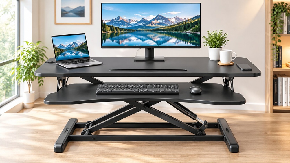 BONTEC dual-tier standing desk converter with gas spring lift and independent keyboard height