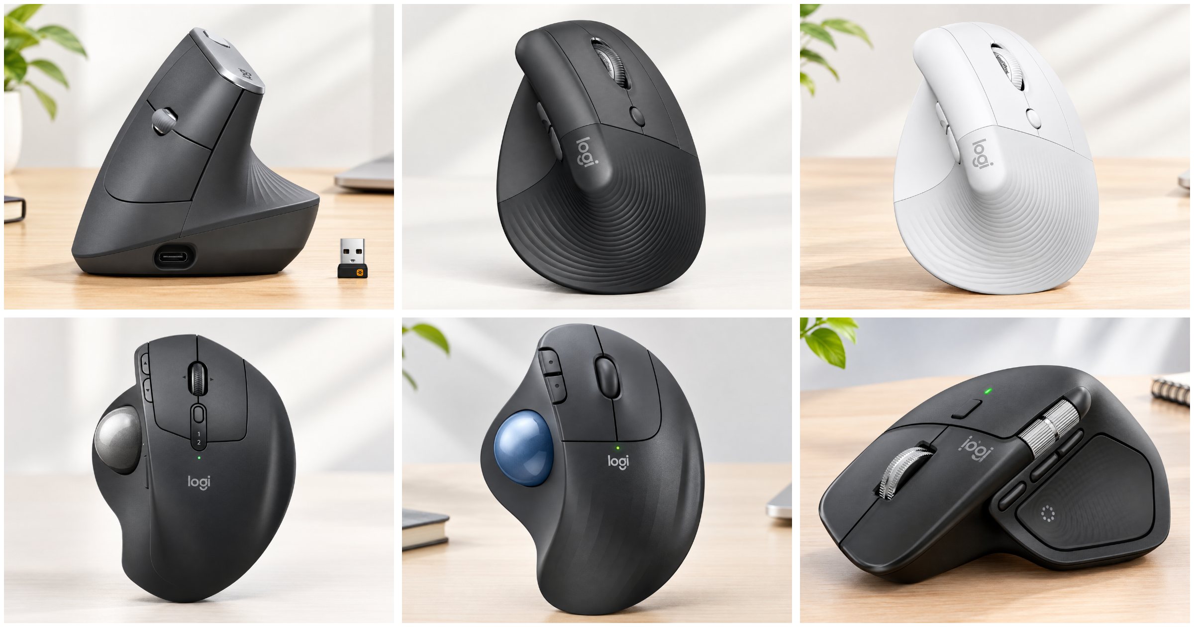Six ergonomic Logitech mice compared side by side, vertical and trackball designs for UK desks