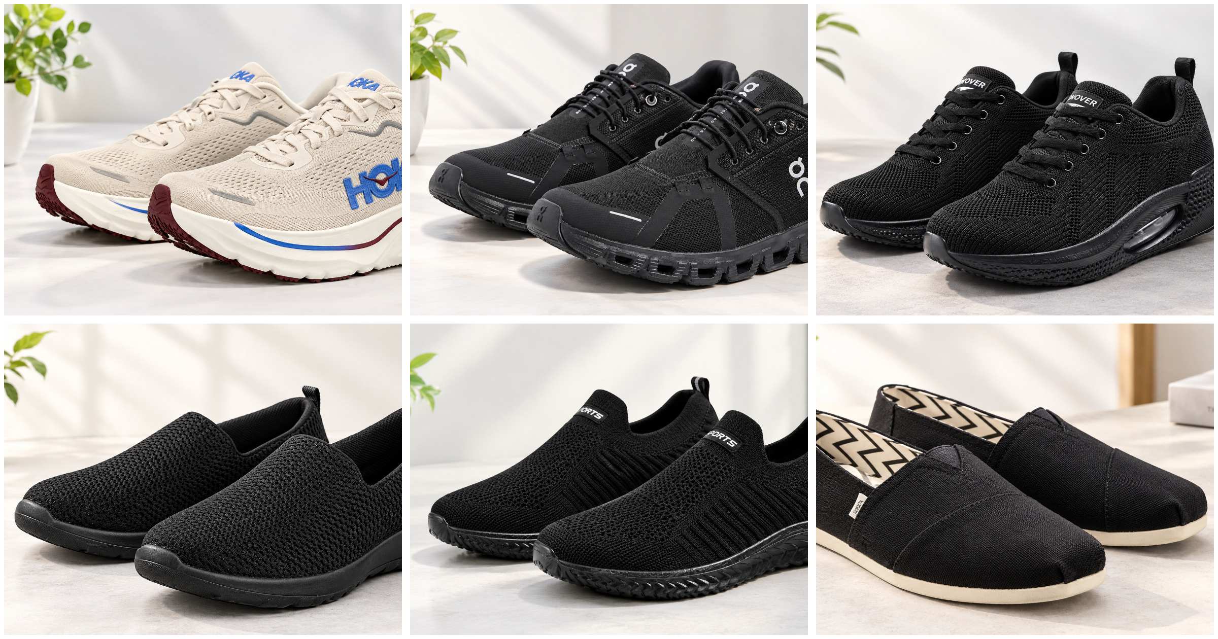 Six ergonomic shoes compared side by side for UK buyers, running, walking and orthopedic styles