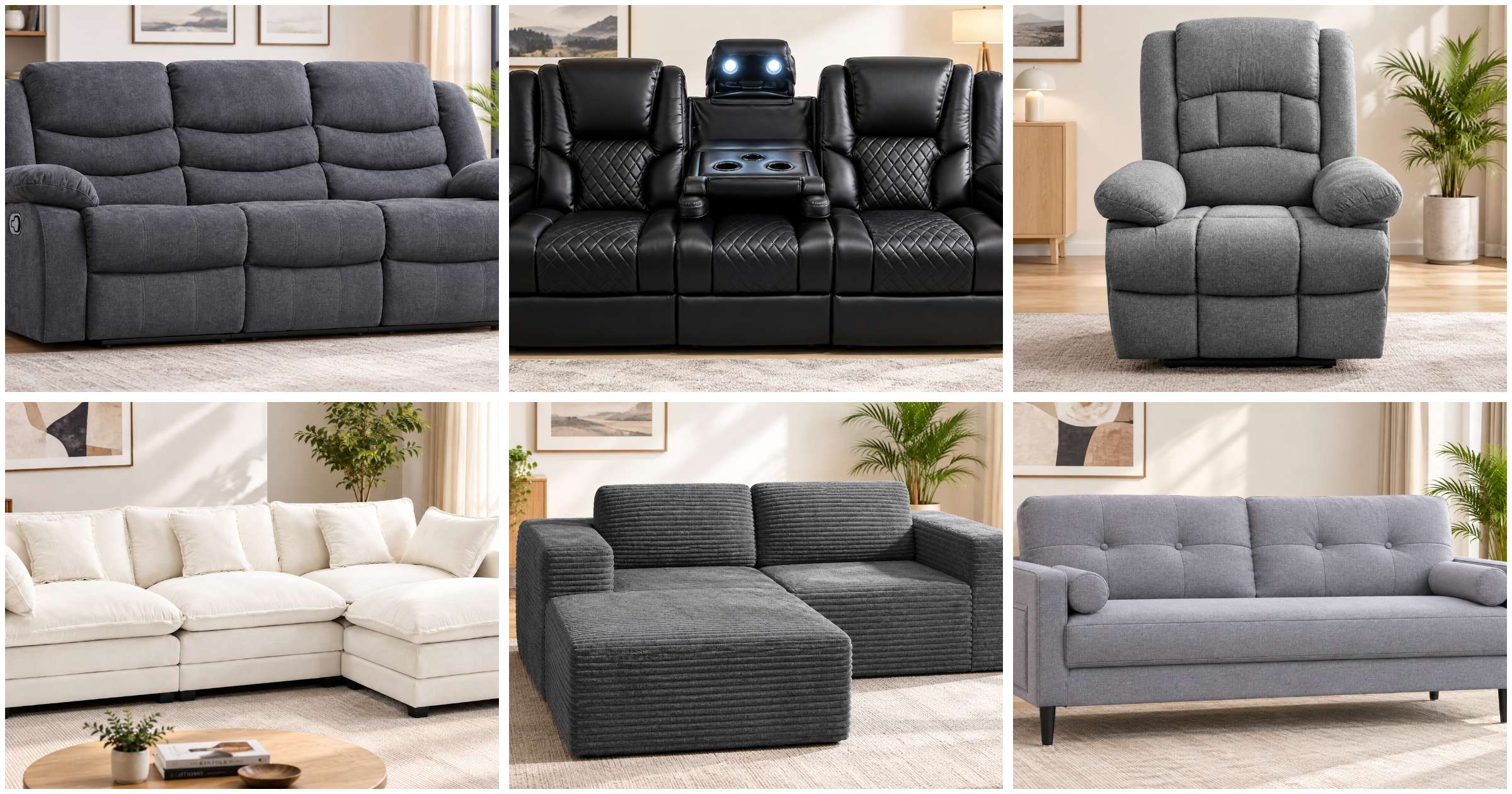 Six ergonomic sofas compared side by side, recliners, cloud sofas and a massage chair for UK living rooms
