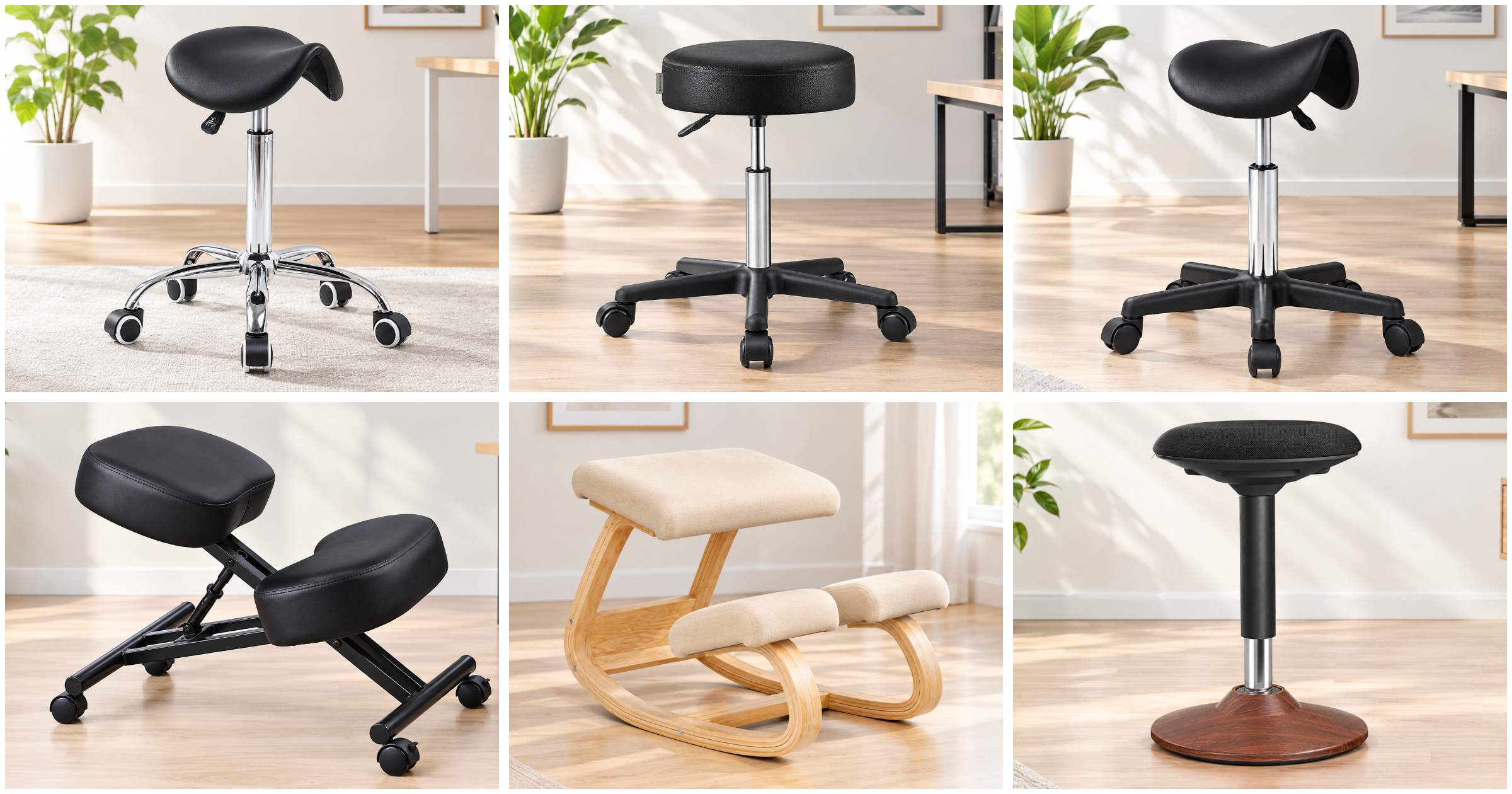 Six ergonomic stools compared side by side for UK buyers, saddle, kneeling and wobble designs