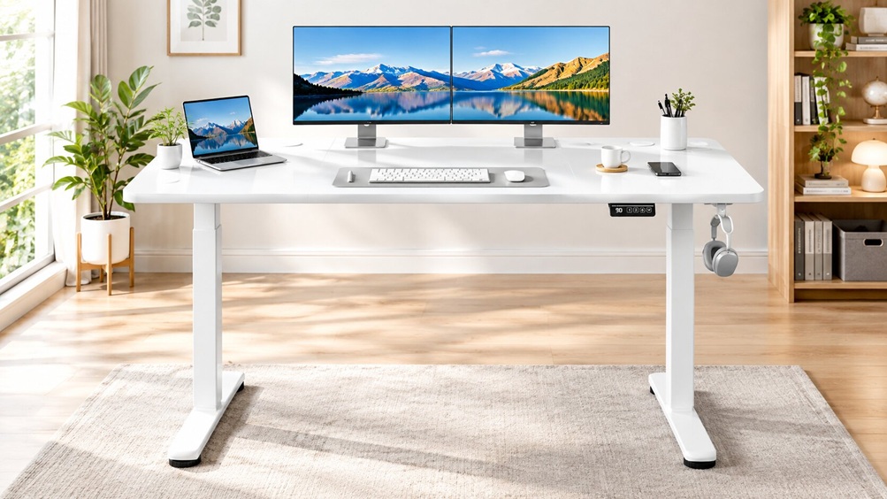 Devoko white electric standing desk with dual monitor home office setup
