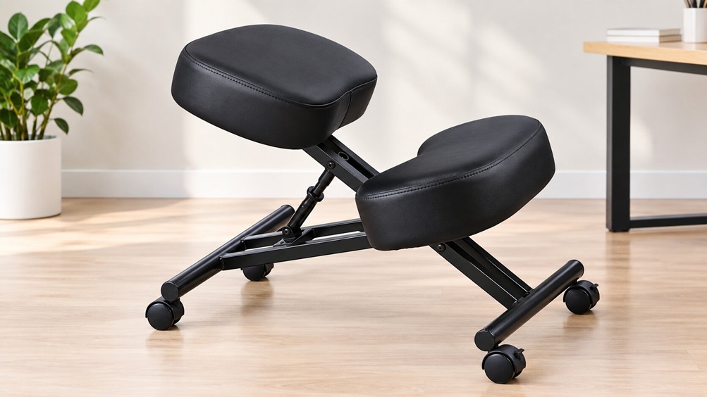 Ergonomic kneeling chair with angled seat, knee pad and brake casters