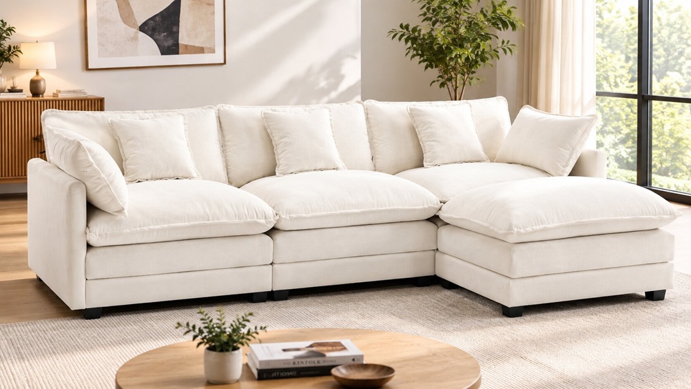 Ihanherry ivory chenille L-shaped modular cloud sofa with scatter cushions and ottoman