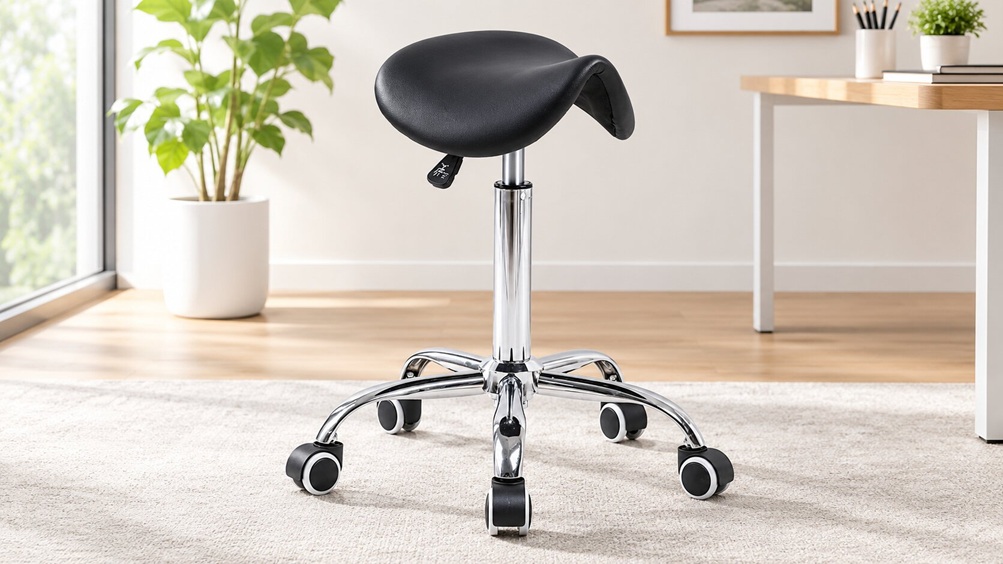 KKTONER black PU leather rolling saddle stool with adjustable height in a home office