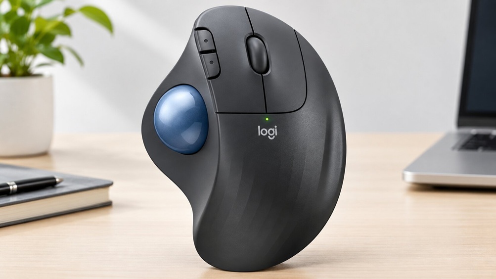 Logitech ERGO M575S trackball mouse with blue ball and ergonomic palm rest
