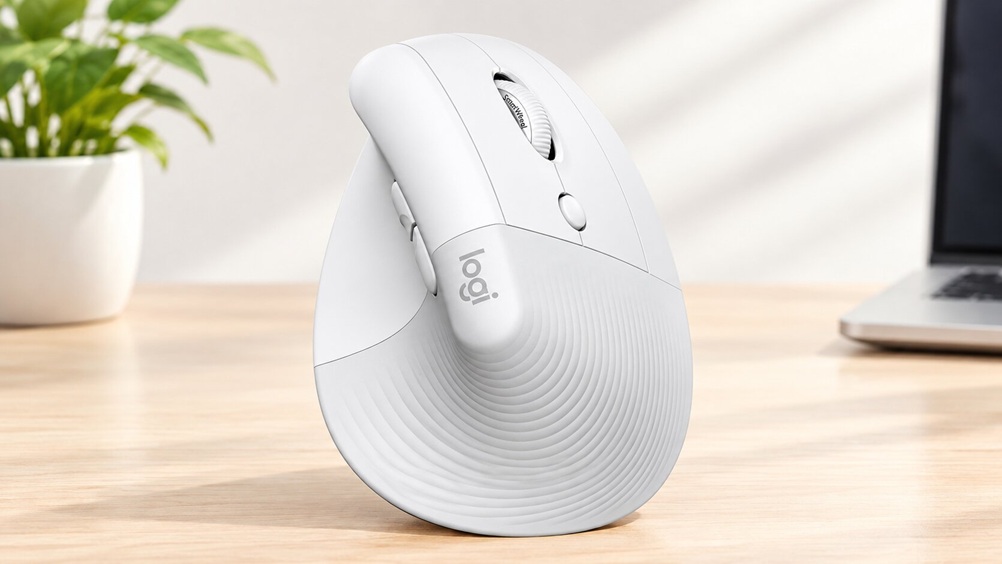 Logitech Lift for Mac vertical mouse in white, built for macOS and iPad