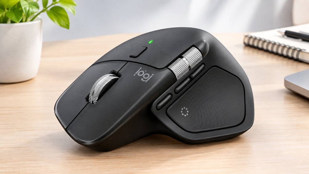 Logitech MX Master 4 mouse showing the MagSpeed scroll wheel and thumb controls