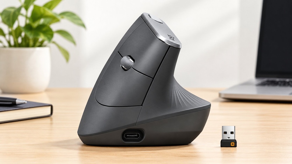 Logitech MX Vertical ergonomic mouse at its 57-degree angle beside the USB receiver