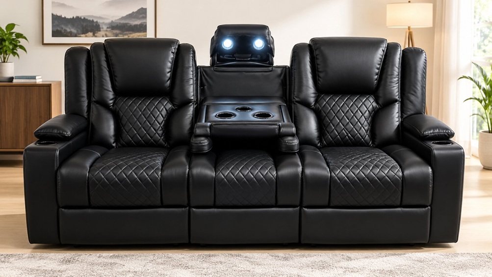 Orlando black leather electric recliner sofa with LED lighting and cupholder console