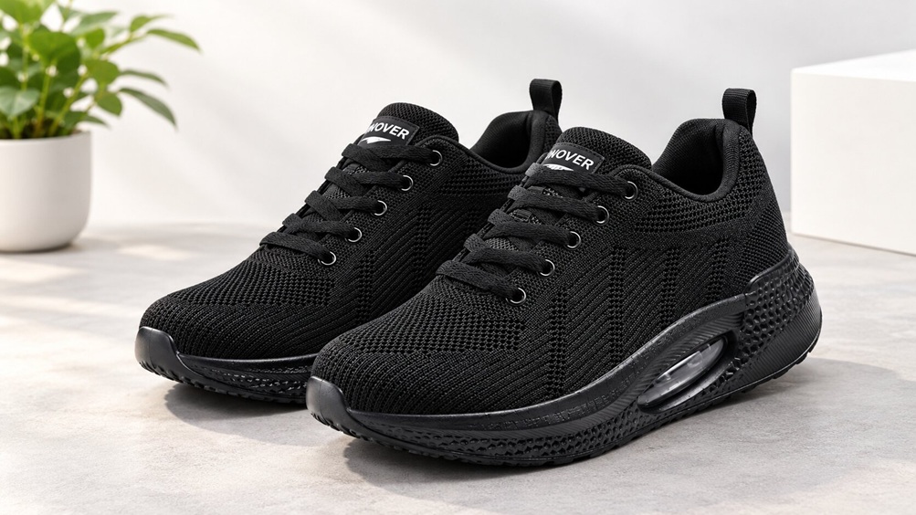 Black knit orthopedic trainer with rocker sole and air cushion heel