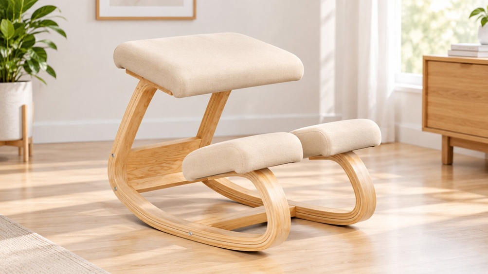SEEVI birch wood rocking posture stool with cream cushioned seat and knee pad