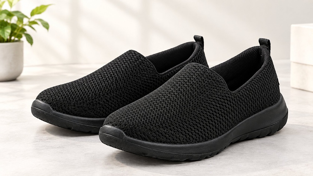 Black knit slip-on ergonomic walking shoe with ribbed flexible sole